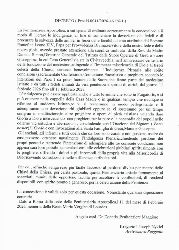 Decreto indizione anno giubilare. Testo in italiano